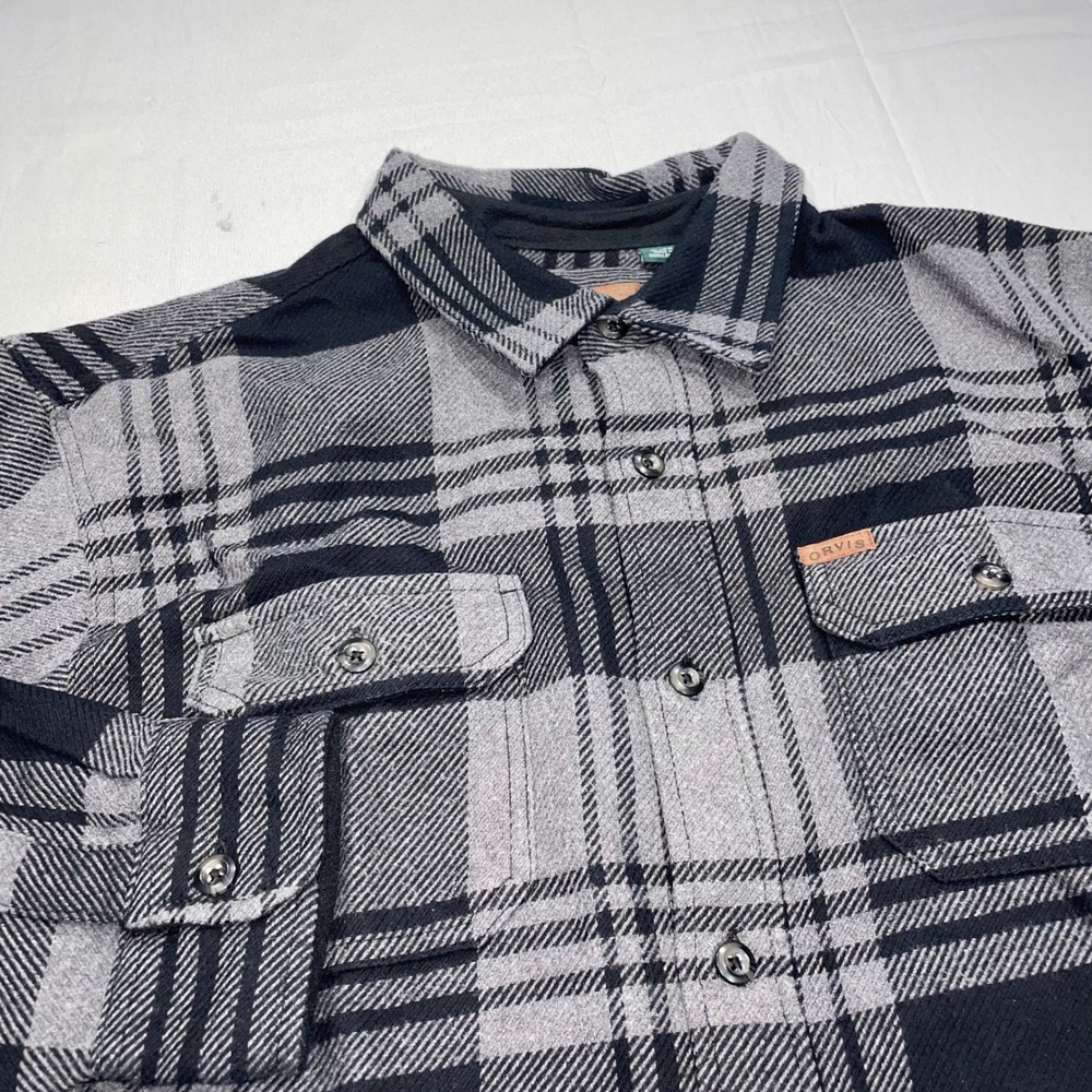 Orvis Mens‎ XL Grey Black Plaid Flannel Button Down Shirt Classic Collection